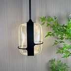 Nordic Oblong Hammered Glass Pendant Light - Black Metal Frame Hanging Lamp