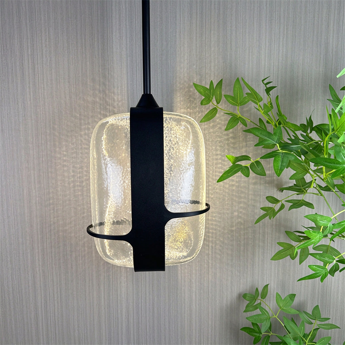 Nordic Oblong Hammered Glass Pendant Light - Black Metal Frame Hanging Lamp