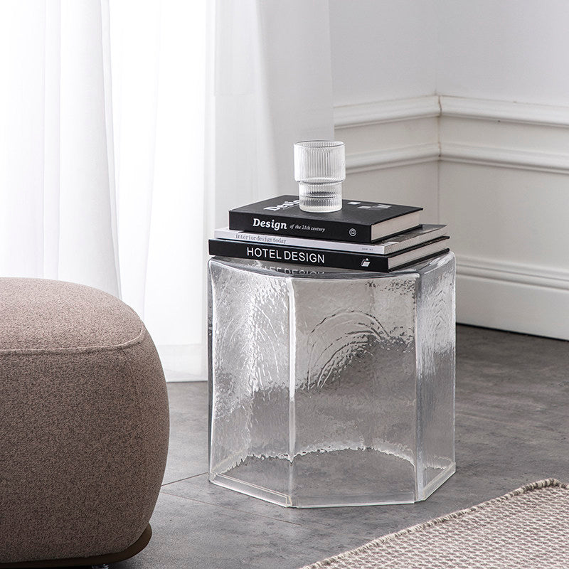 Hand-Blown Hexagonal Glass Side Table, Hollow Thick Glass Stool Accent End Table, Modern Nordic Nightstand Pedestal for Living Room Bedroom
