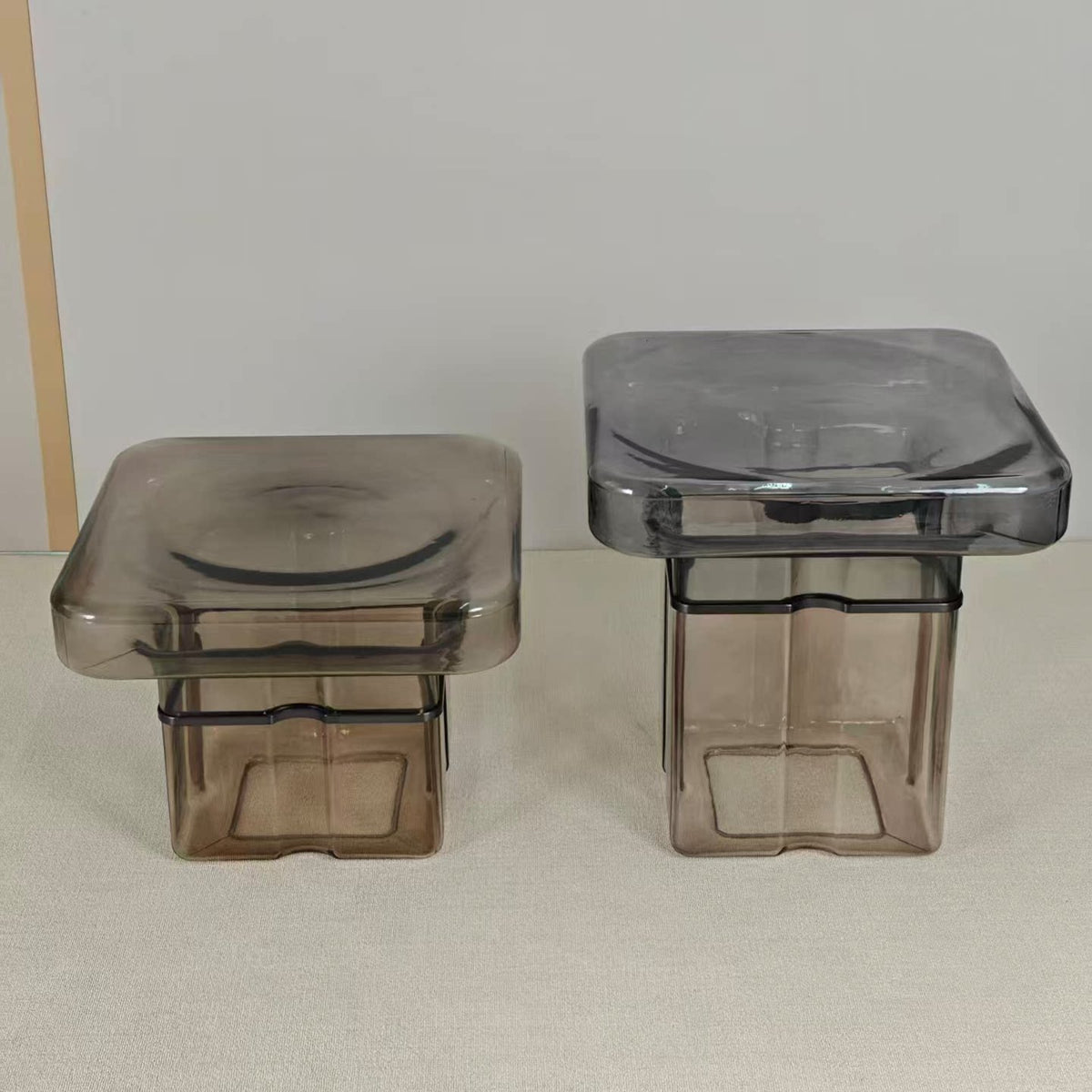 Hand-Blown Two-Tone Glass Side Table, Square Thick Glass Top with Hollow Glass Base End Table, Modern Accent Nightstand for Living Room Bedroom