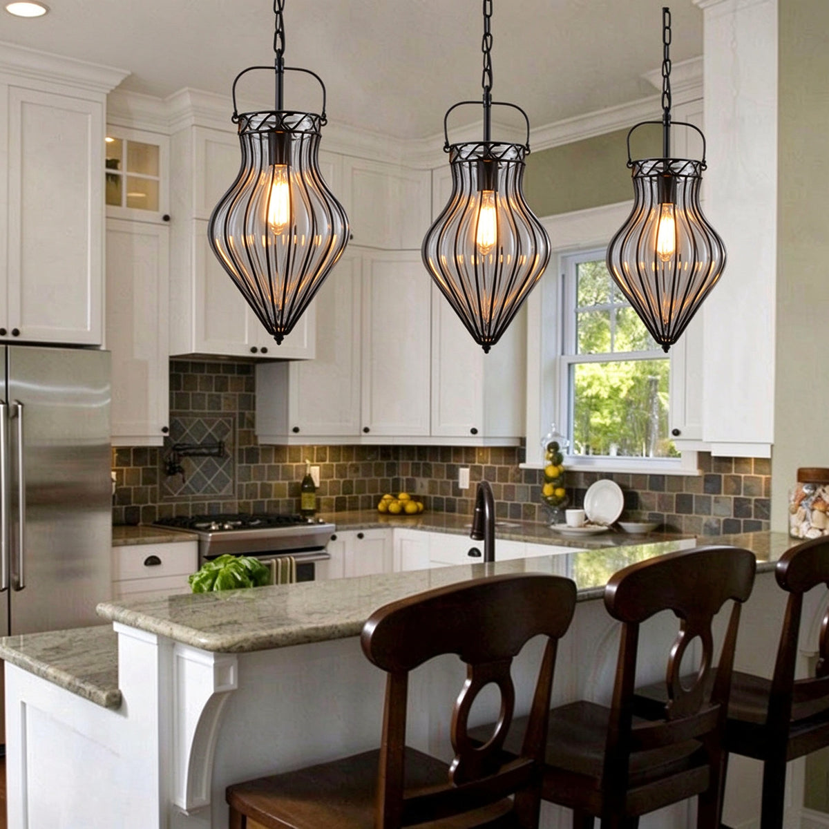Vintage Industrial Iron Cage Glass Pendant Light - Hand Blown Glass Hanging Lamp