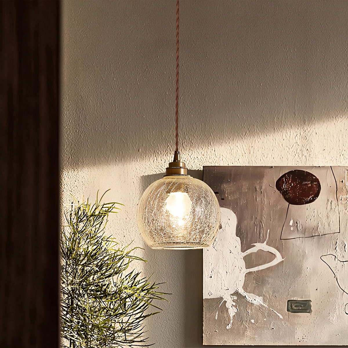 Hand-blown cracked glass globe pendant light, 1.5-meter adjustable cord, perfect for kitchen islands and dining bars