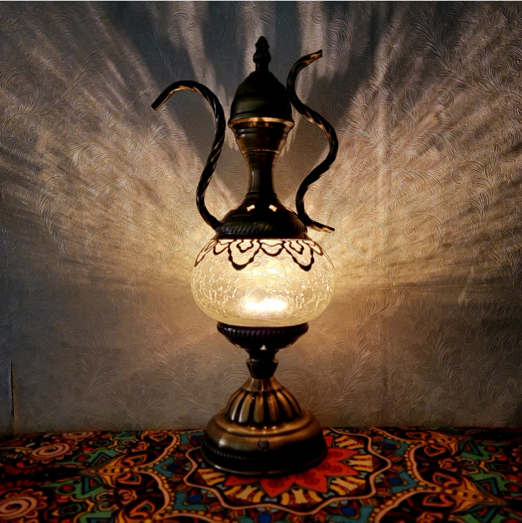 Thermal Crackle Glass Arabian Lantern, Crescent Moon Vintage Table Lamp