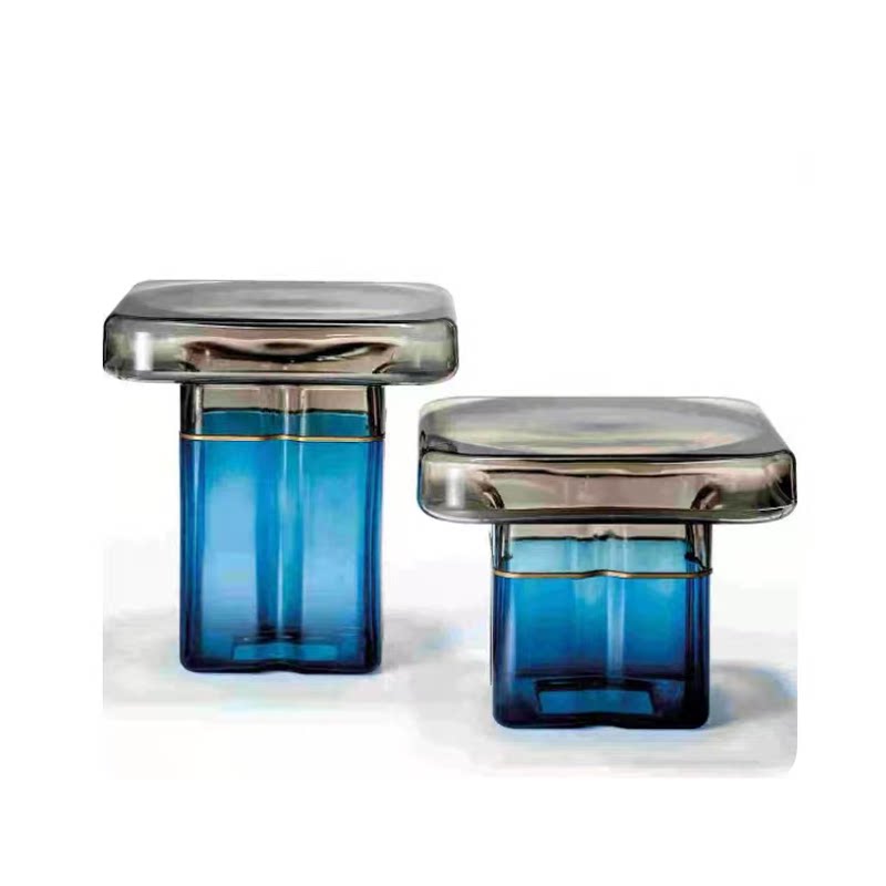 Hand-Blown Two-Tone Glass Side Table, Square Thick Glass Top with Hollow Glass Base End Table, Modern Accent Nightstand for Living Room Bedroom