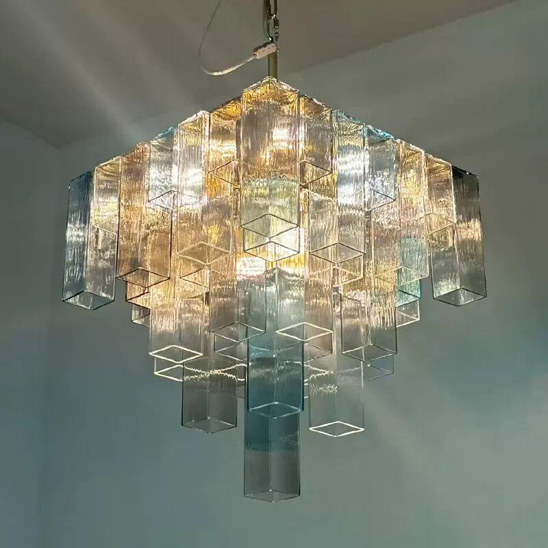 Modern Clear Glass Rectangular Tube Chandelier - Blue Gradient Art Pendant Light