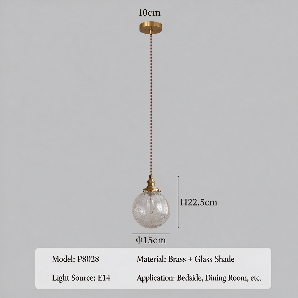 Hand-blown cracked glass globe pendant light, 1.5-meter adjustable cord, perfect for kitchen islands and dining bars