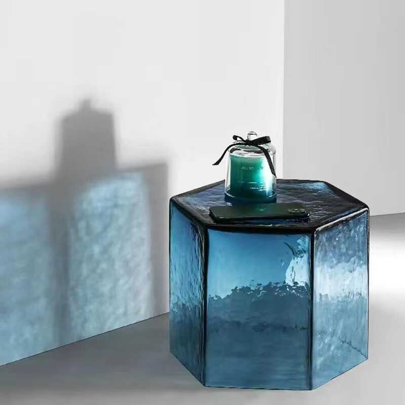 Hand-Blown Hexagonal Glass Side Table, Hollow Thick Glass Stool Accent End Table, Modern Nordic Nightstand Pedestal for Living Room Bedroom
