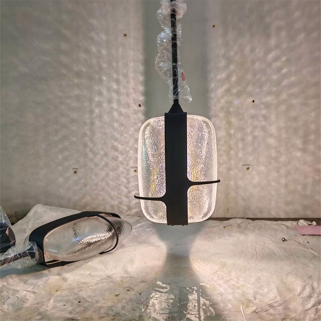 Nordic Oblong Hammered Glass Pendant Light - Black Metal Frame Hanging Lamp