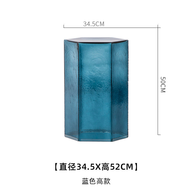 Hand-Blown Hexagonal Glass Side Table, Hollow Thick Glass Stool Accent End Table, Modern Nordic Nightstand Pedestal for Living Room Bedroom