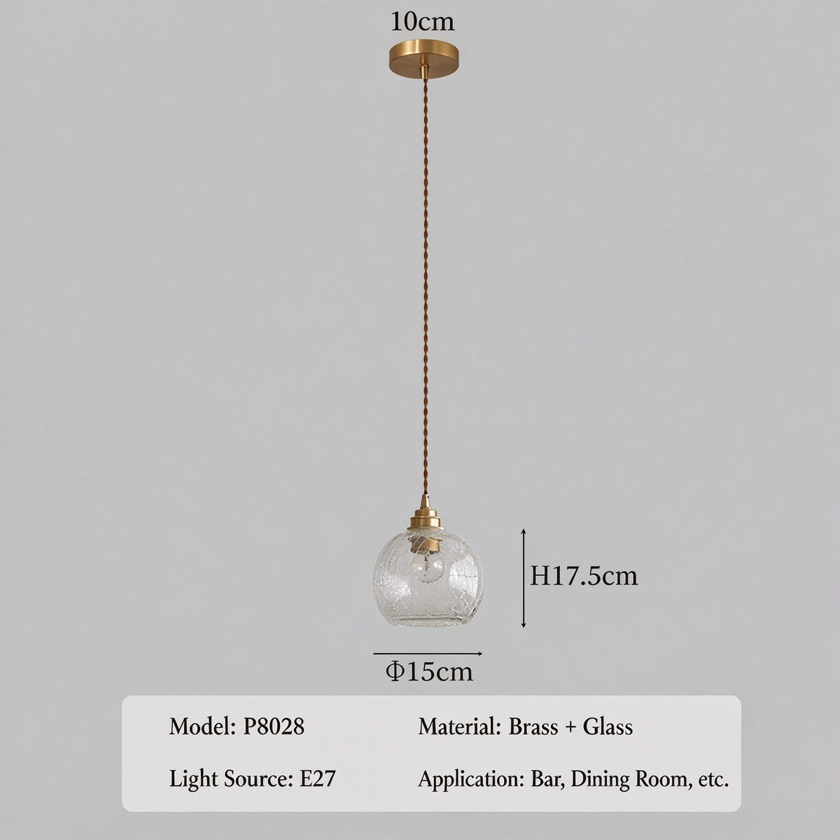 Hand-blown cracked glass globe pendant light, 1.5-meter adjustable cord, perfect for kitchen islands and dining bars