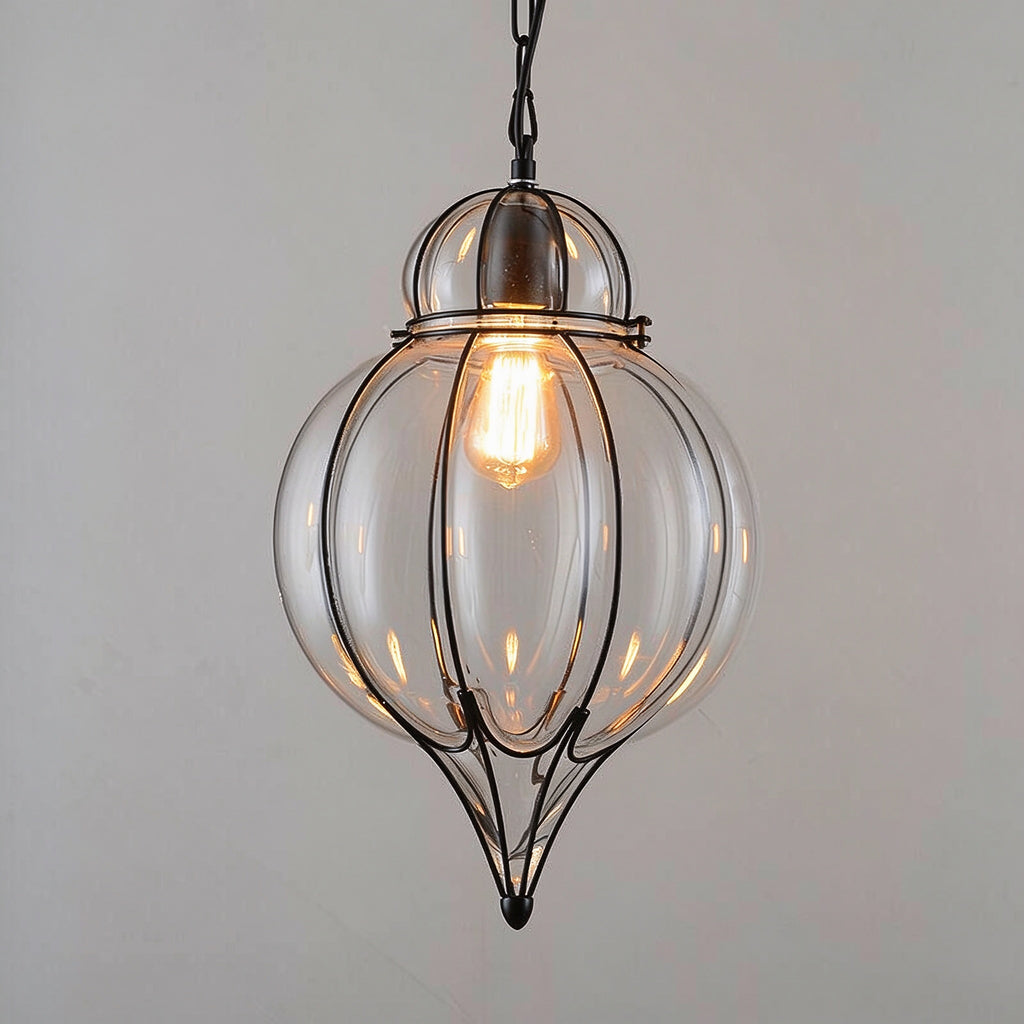 Vintage Industrial Iron Cage Glass Pendant Light - Hand Blown Glass Hanging Lamp