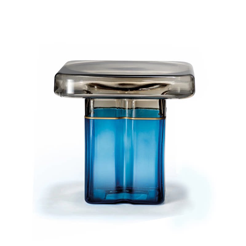 Hand-Blown Two-Tone Glass Side Table, Square Thick Glass Top with Hollow Glass Base End Table, Modern Accent Nightstand for Living Room Bedroom