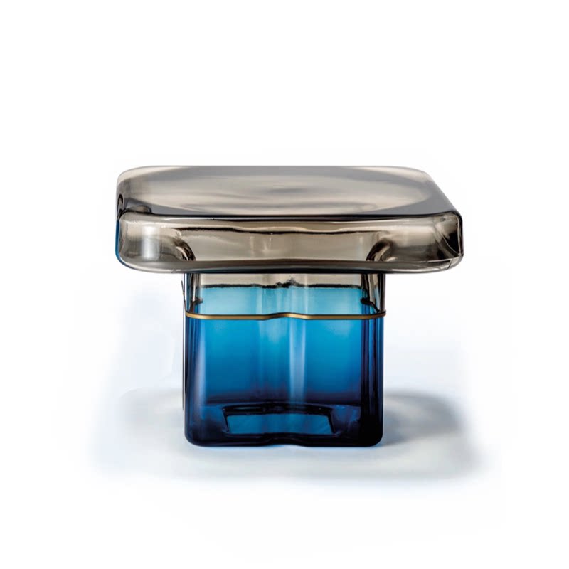 Hand-Blown Two-Tone Glass Side Table, Square Thick Glass Top with Hollow Glass Base End Table, Modern Accent Nightstand for Living Room Bedroom