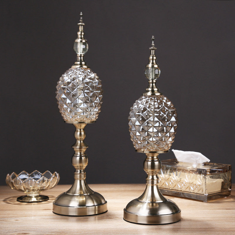 Crystal Diamond Cut Glass Table Lamp - Vintage Brass Gold Bedside Lamp