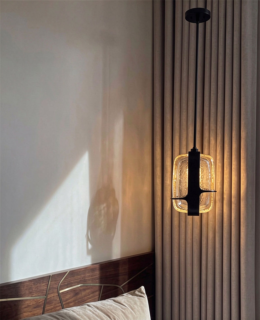 Nordic Oblong Hammered Glass Pendant Light - Black Metal Frame Hanging Lamp