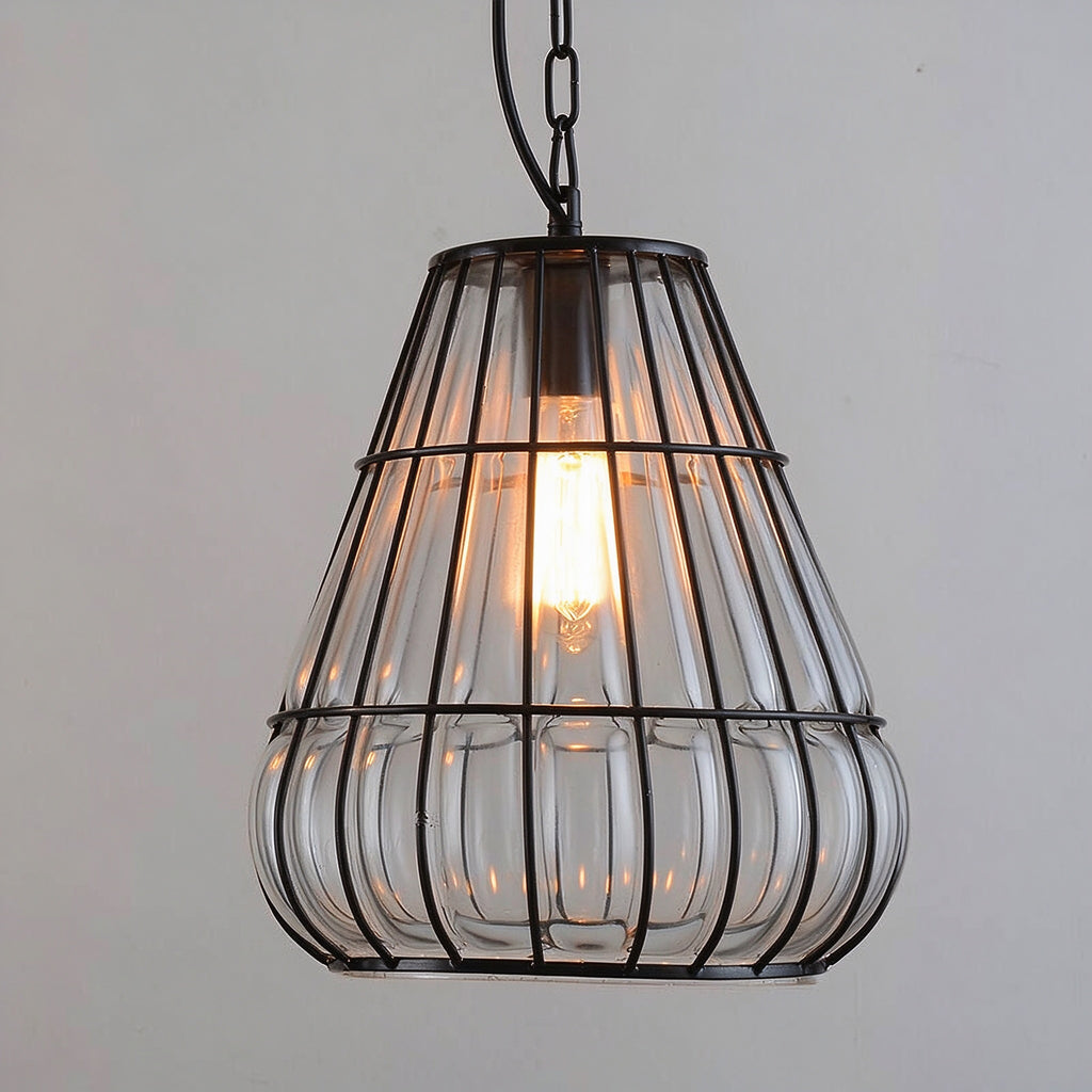 Vintage Industrial Iron Cage Glass Pendant Light - Hand Blown Glass Hanging Lamp