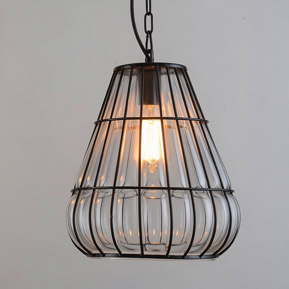 Vintage Industrial Iron Cage Glass Pendant Light - Hand Blown Glass Hanging Lamp