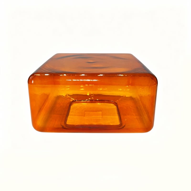 Hand-Blown Amber Glass Cube Coffee Table, Modern Lokum Glass Block Side Table & Nightstand, Hollow Orange Glass Accent Table for Living Room Bedroom