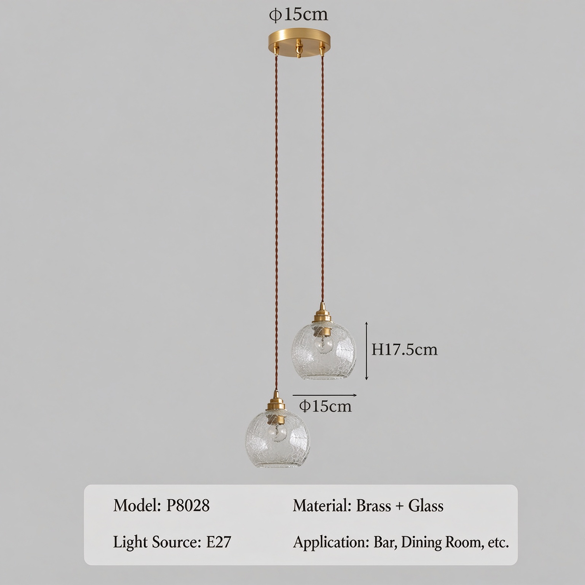Hand-blown cracked glass globe pendant light, 1.5-meter adjustable cord, perfect for kitchen islands and dining bars