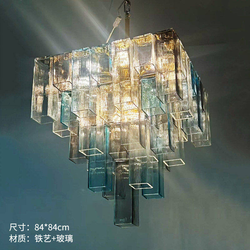 Modern Clear Glass Rectangular Tube Chandelier - Blue Gradient Art Pendant Light