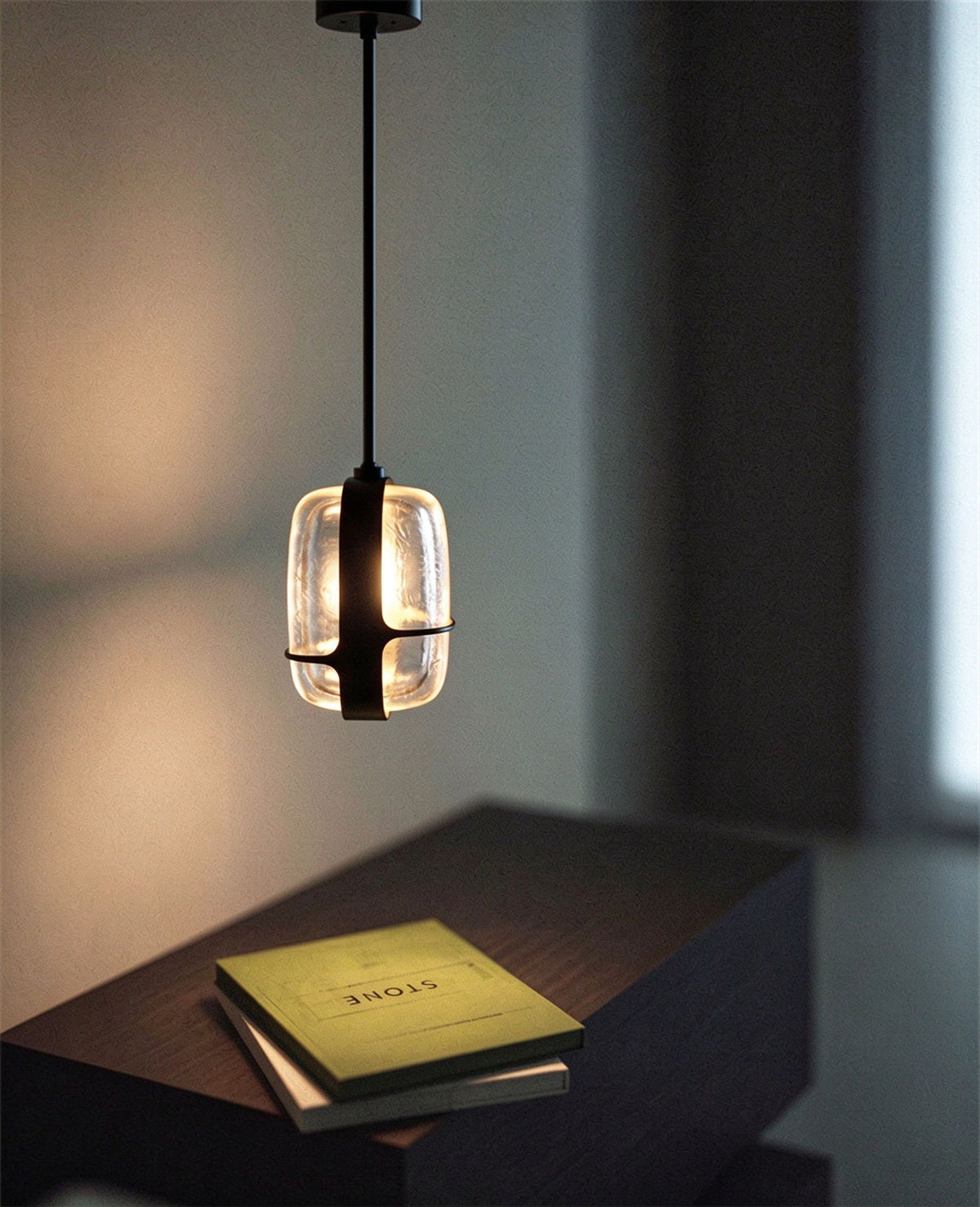 Nordic Oblong Hammered Glass Pendant Light - Black Metal Frame Hanging Lamp