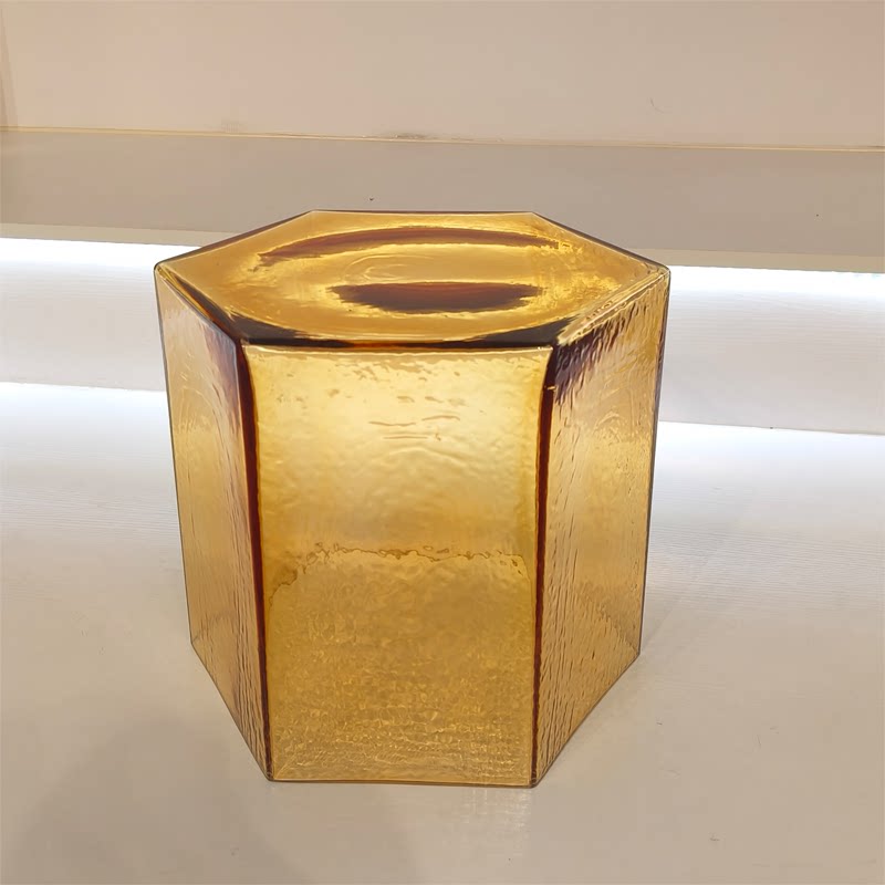 Hand-Blown Hexagonal Glass Side Table, Hollow Thick Glass Stool Accent End Table, Modern Nordic Nightstand Pedestal for Living Room Bedroom
