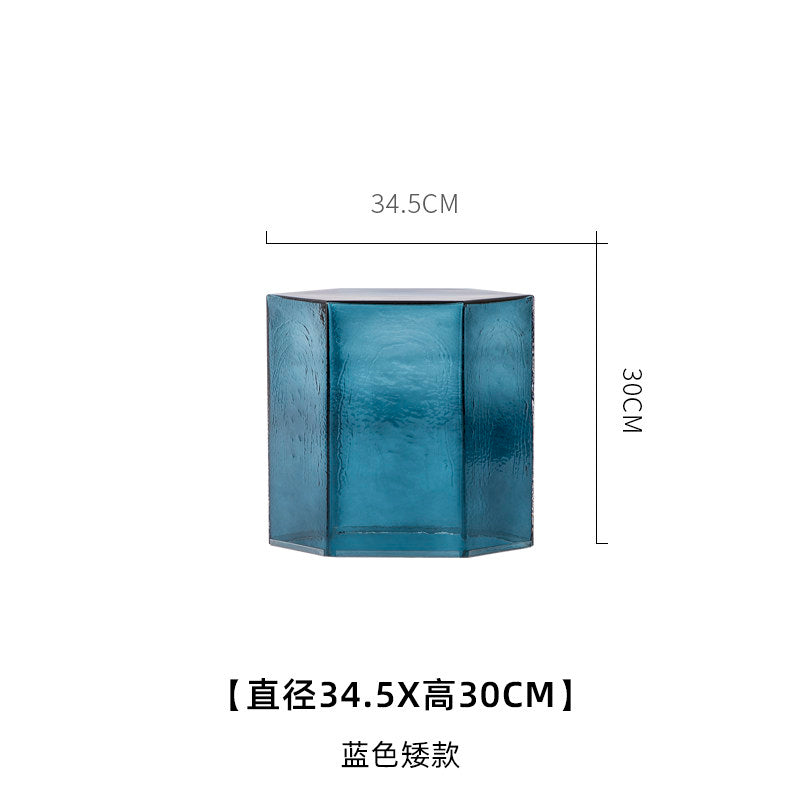 Hand-Blown Hexagonal Glass Side Table, Hollow Thick Glass Stool Accent End Table, Modern Nordic Nightstand Pedestal for Living Room Bedroom