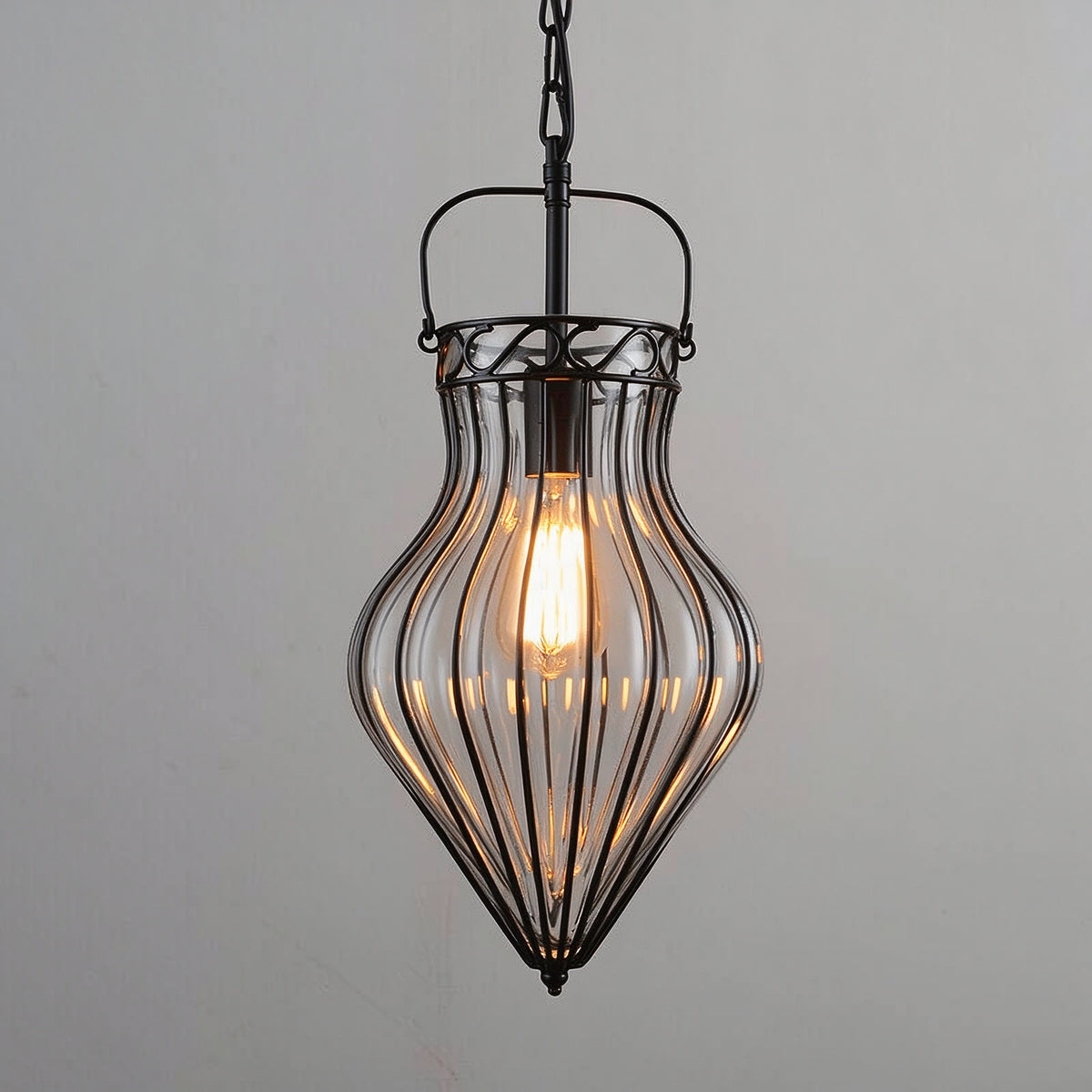 Vintage Industrial Iron Cage Glass Pendant Light - Hand Blown Glass Hanging Lamp
