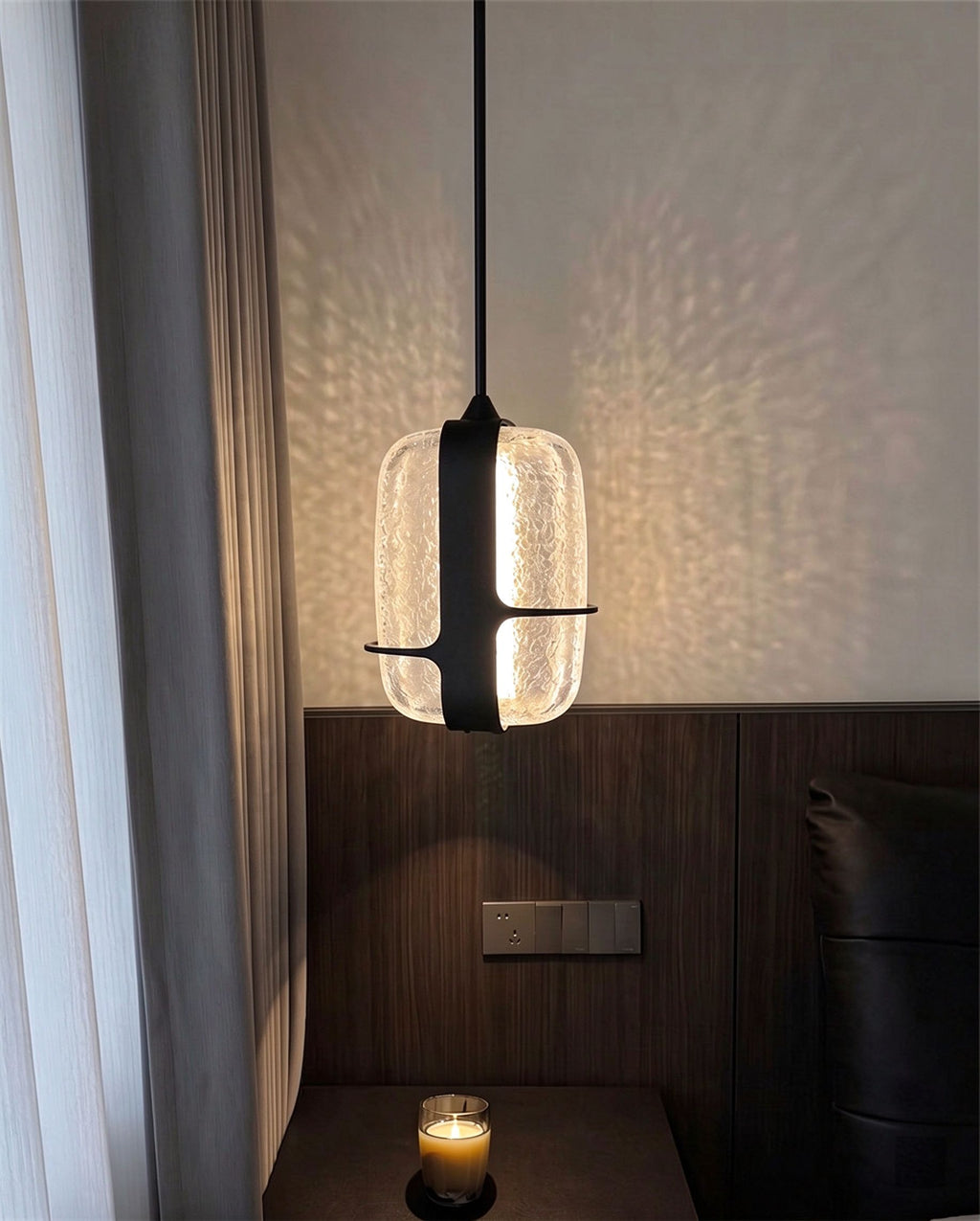 Nordic Oblong Hammered Glass Pendant Light - Black Metal Frame Hanging Lamp