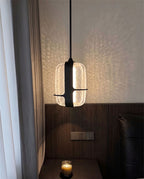 Nordic Oblong Hammered Glass Pendant Light - Black Metal Frame Hanging Lamp
