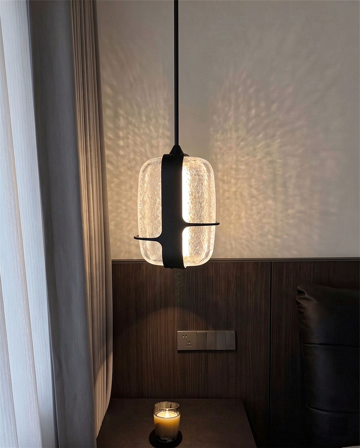 Nordic Oblong Hammered Glass Pendant Light - Black Metal Frame Hanging Lamp