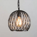 Vintage Industrial Iron Cage Glass Pendant Light - Hand Blown Glass Hanging Lamp