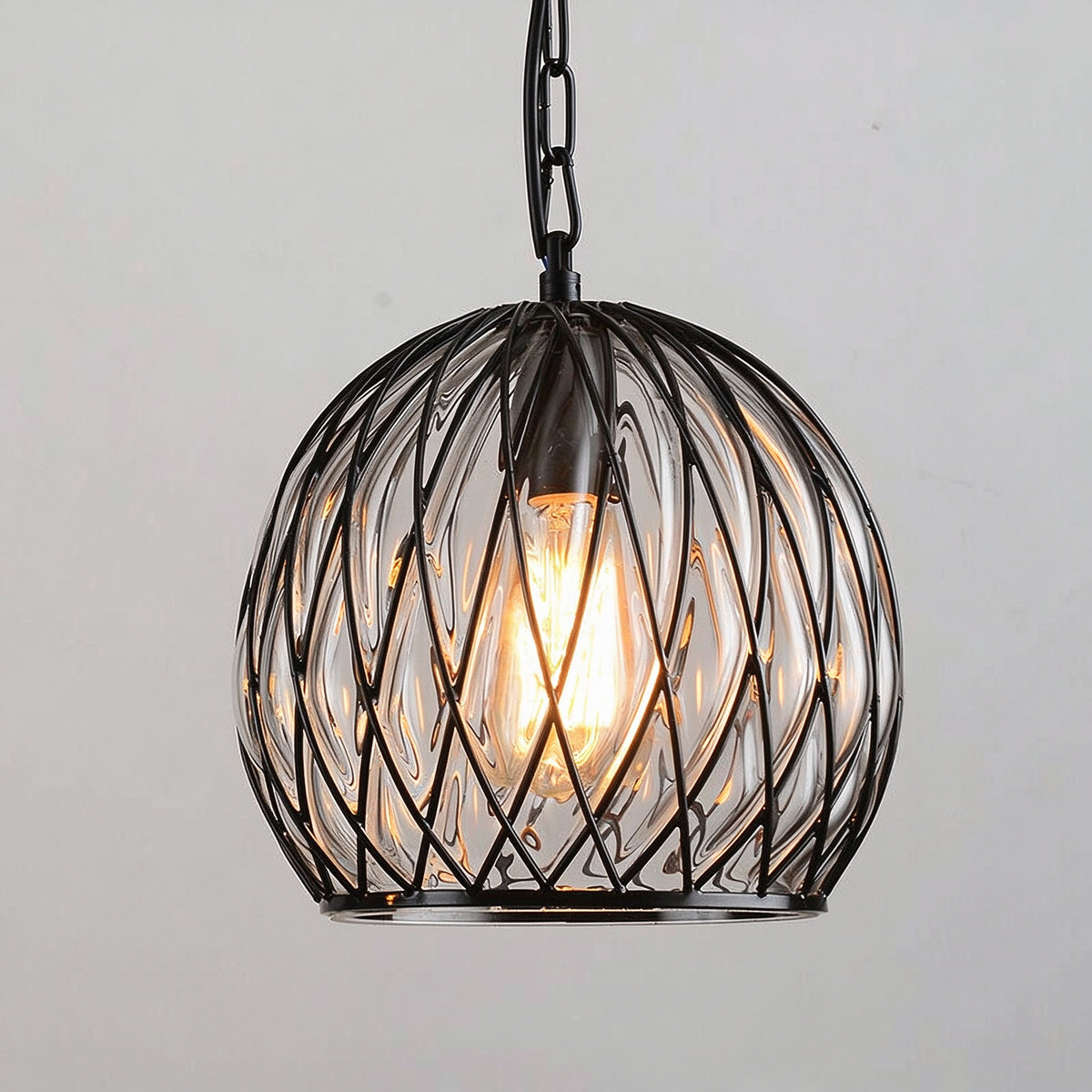 Vintage Industrial Iron Cage Glass Pendant Light - Hand Blown Glass Hanging Lamp