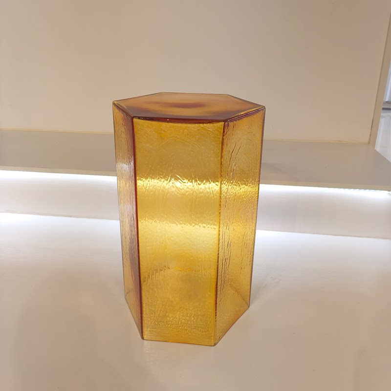 Hand-Blown Hexagonal Glass Side Table, Hollow Thick Glass Stool Accent End Table, Modern Nordic Nightstand Pedestal for Living Room Bedroom