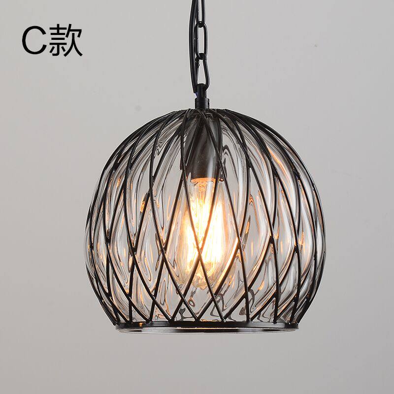 Vintage Industrial Iron Cage Glass Pendant Light - Hand Blown Glass Hanging Lamp