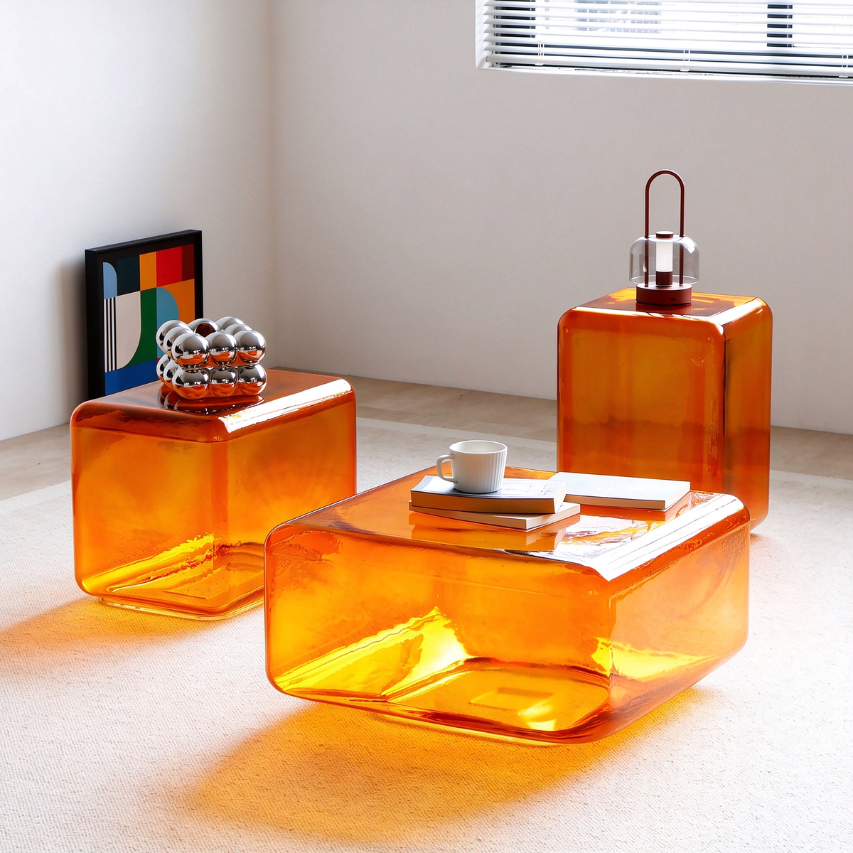 Hand-Blown Amber Glass Cube Coffee Table, Modern Lokum Glass Block Side Table & Nightstand, Hollow Orange Glass Accent Table for Living Room Bedroom