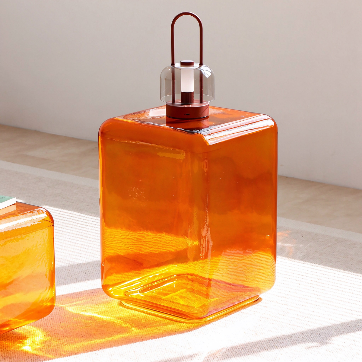 Hand-Blown Amber Glass Cube Coffee Table, Modern Lokum Glass Block Side Table & Nightstand, Hollow Orange Glass Accent Table for Living Room Bedroom