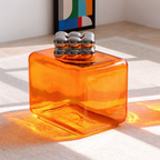 Hand-Blown Amber Glass Cube Coffee Table, Modern Lokum Glass Block Side Table & Nightstand, Hollow Orange Glass Accent Table for Living Room Bedroom
