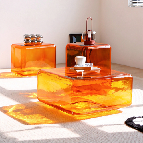 Hand-Blown Amber Glass Cube Coffee Table, Modern Lokum Glass Block Side Table & Nightstand, Hollow Orange Glass Accent Table for Living Room Bedroom