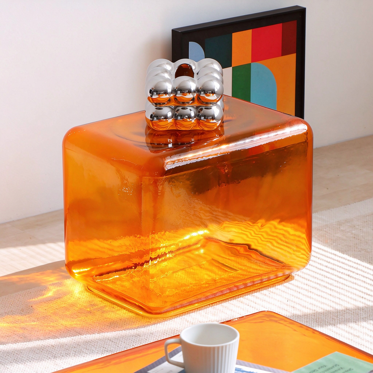 Hand-Blown Amber Glass Cube Coffee Table, Modern Lokum Glass Block Side Table & Nightstand, Hollow Orange Glass Accent Table for Living Room Bedroom